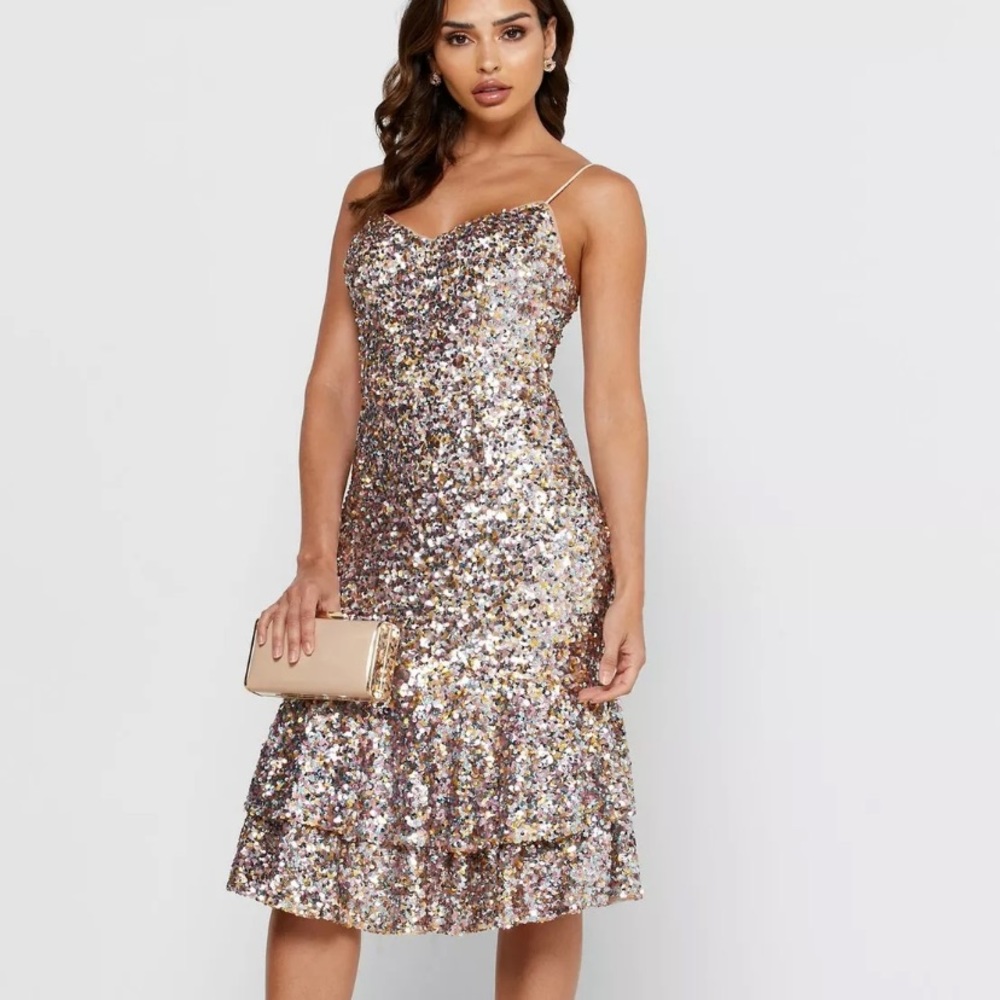 NWT Adrianna Papell Sequin Ruffle Hem Party Dress